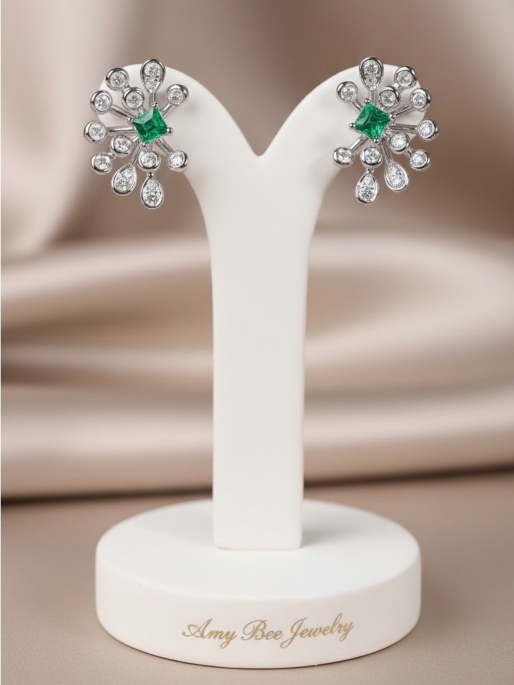 Silver Earrings with Emerald Center